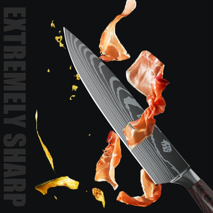 MDHAND Conjunto de Facas de Cozinha 7CR17 8 Peças Aço Inoxidável Afiado Faca de Chef para Fatiar Carne Cutelo Padrão de Damasco a Laser Faca de Chef Afiada