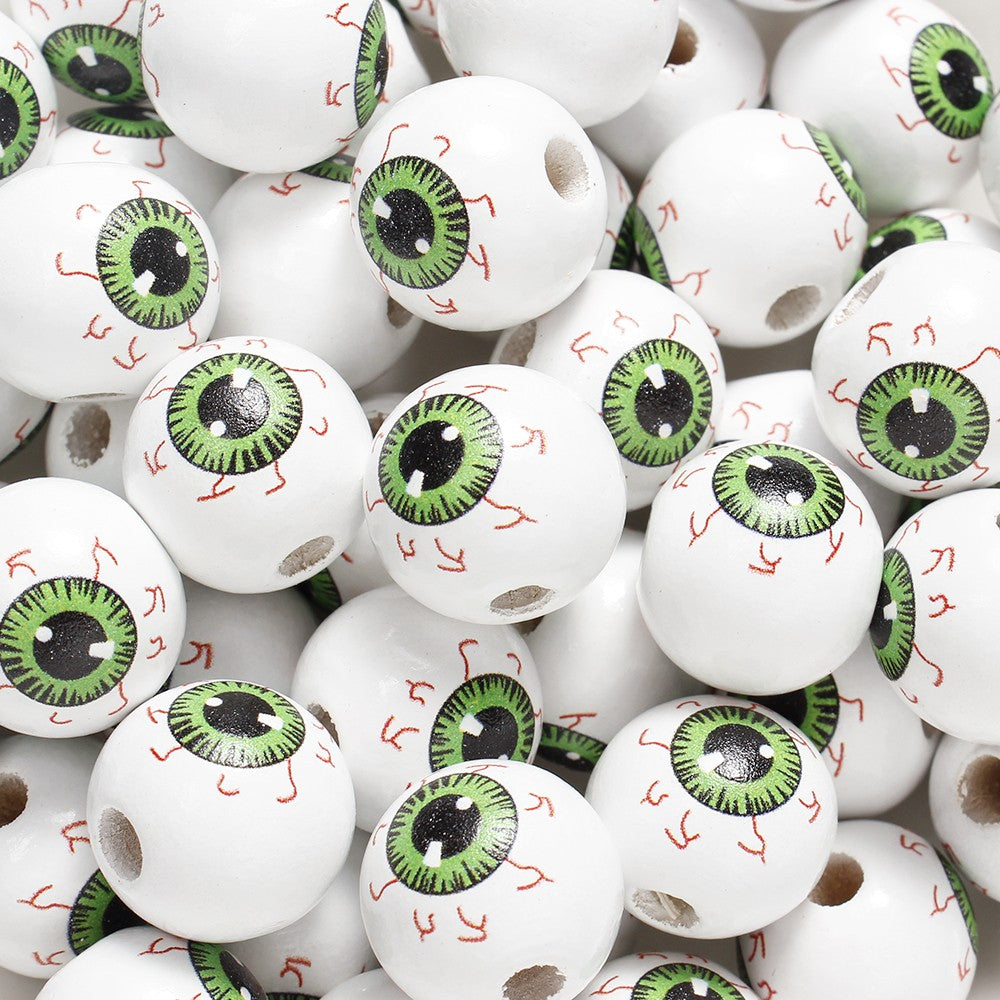 10pcs 16mm Wooden Spacer Beads Halloween Print Spider Eye Witch Bloodstain Ghost Face Mask Beads For Making Bracelet Necklace