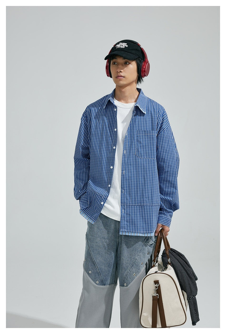 Cityboy Oversize Cargo Shirt Men Japanese Streetwear Fashion Loose Casual Plaid Splice Stripe Long Sleeve Shirts Blouses