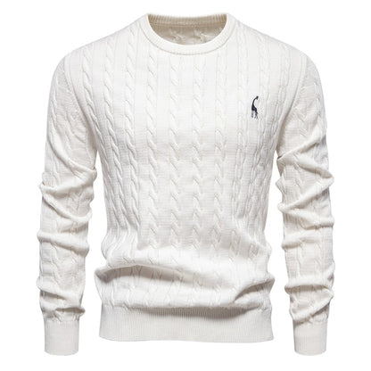 AIOPESON Mens Giraffe Embroidery Cotton Sweaters Round Neck Classic Twist Patterned Pullover Knitted Sweater for Men
