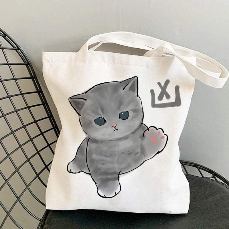 Kawaii Cats Manga Cartoon Reusable Tote Bag Women's High Capacity Versatile Canvas Shoulder Bag, Beach Shopper Handbag