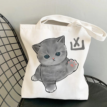 Kawaii Cats Manga Cartoon Reusable Tote Bag Women's High Capacity Versatile Canvas Shoulder Bag, Beach Shopper Handbag