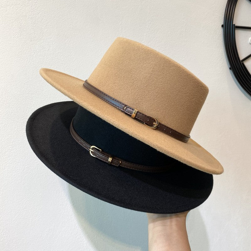 Chapéu Fedora de Lã Feminino com Fivela Decorada Aba Reta Feltro Retrô Jazz Boné Inverno Outono Quente Estilo Britânico Boater