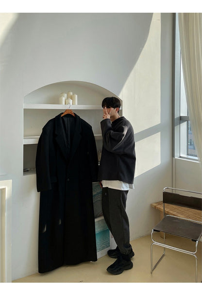 Mauroicardi Autumn Winter Extra Long Warm Black Loose Casual Wool Blends Coat Men Luxury Floor Length Overcoat Korean Fashion