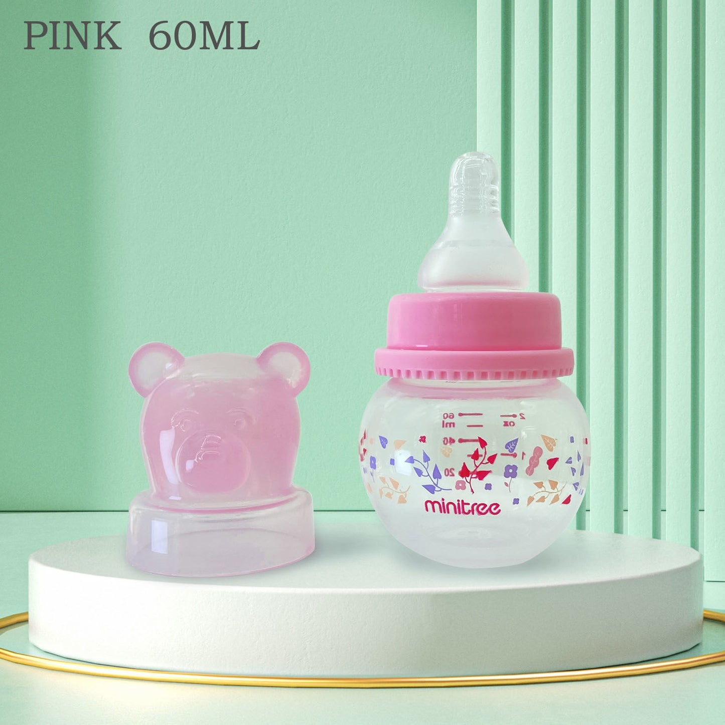 0-6 months 60ML newborn standard caliber PP bottle, flat unique bear shape bottle cap, good looking and practical