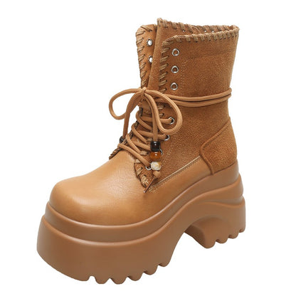 High Platform Women Motorcycle Boots 9CM Wedge Heels Walking Ankle Shoes New 2025 Autumn Winter Lace-up Modern Short Booties