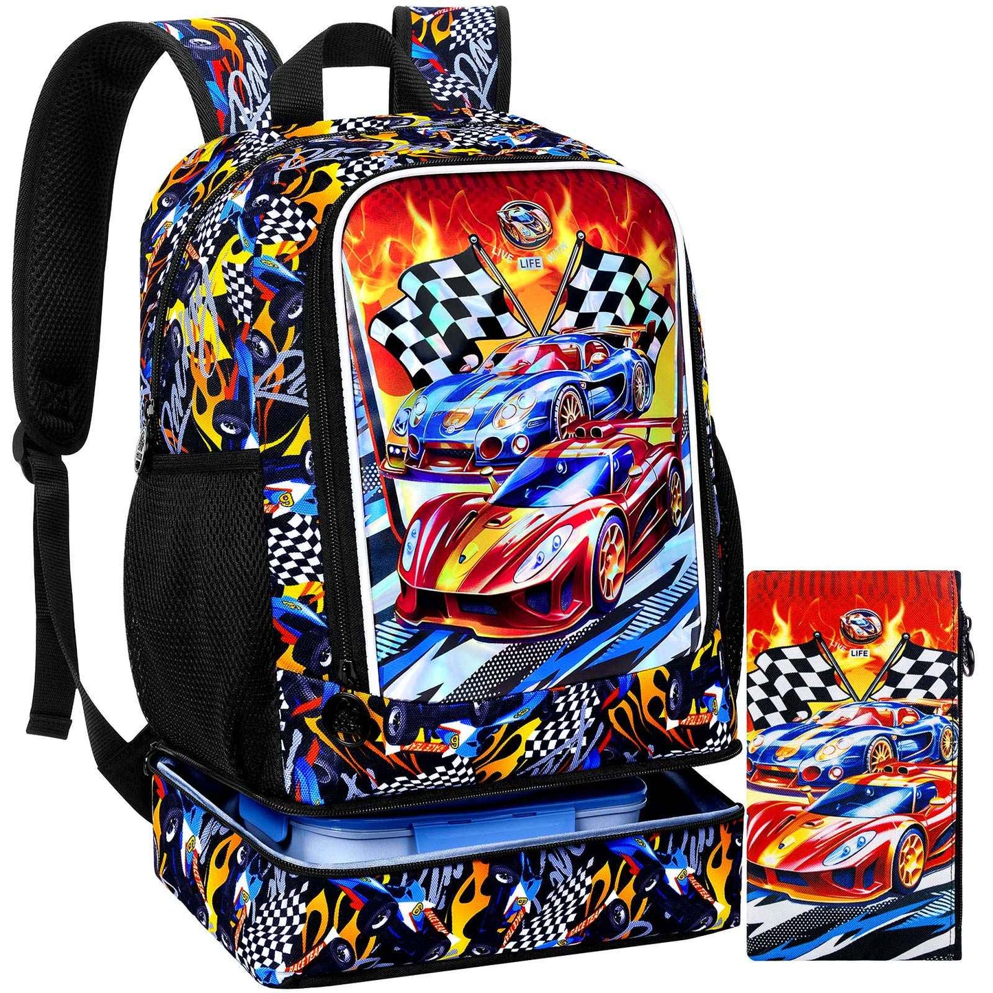 Mochila 2 em 1 de Carro de Corrida para Meninos, Mochila Escolar Infantil de 17 polegadas com Lancheira Térmica, Mochilas Escolares para Ensino Fundamental e Pré-escola