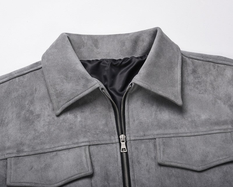 Vintage High Street Suede Material Crock Jacket With Zipper Lapel Casual Short Jacket For Men