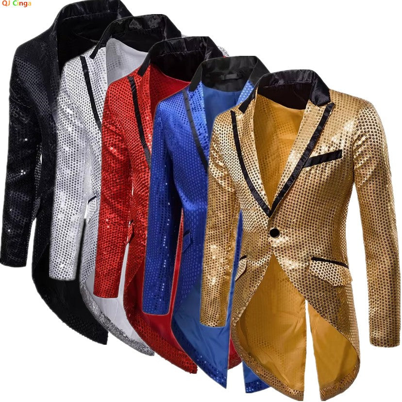 Gold Men's V-Neck Long Sleeve Tuxedo, TV Performance Magic Long Jacket Shiny Sequin Decoration Red Blue Black Blazer S-XXL