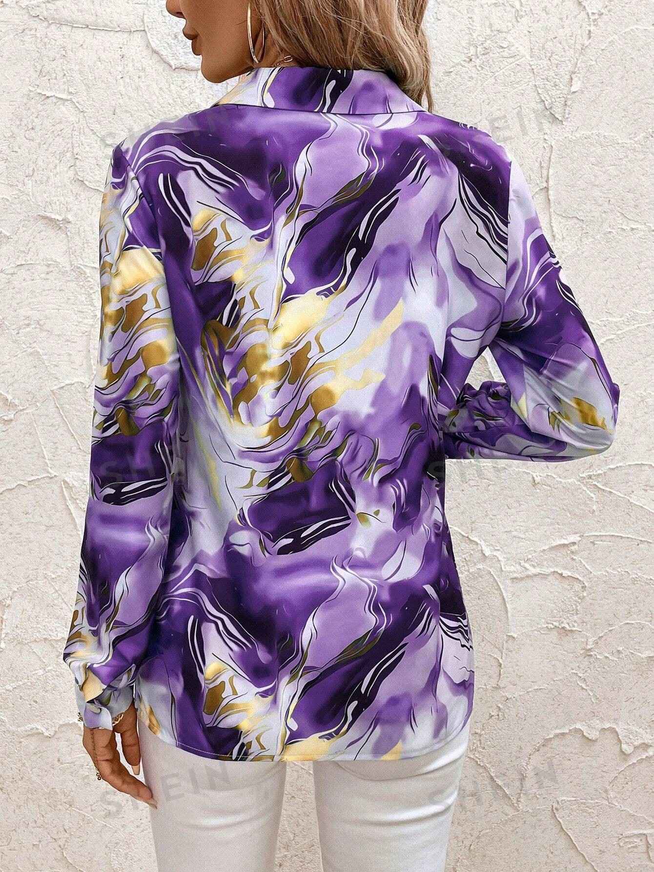 Women's Purple Long-Sleeve Shirt for Fall, Single-Button Collar Print Shirts, Fashionable Fitted Top for Girls.