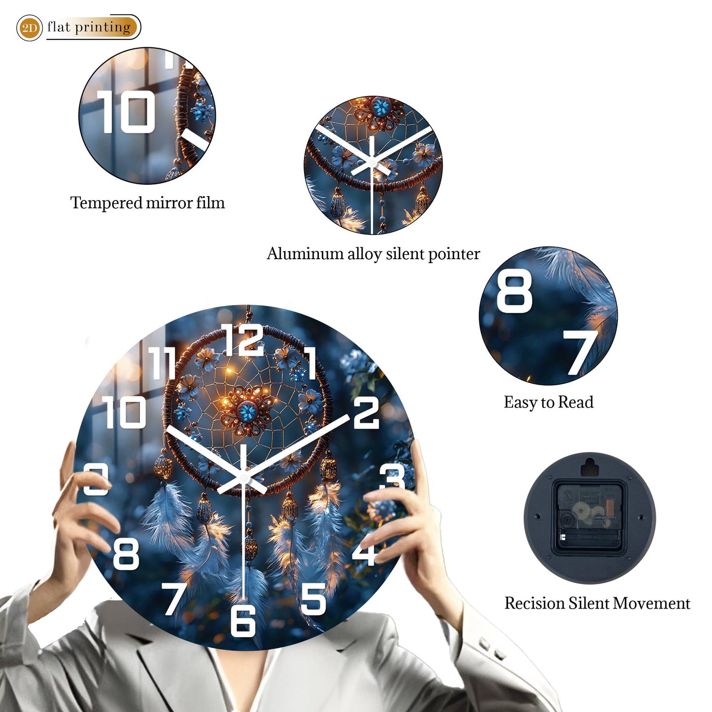 Bohemian Dreamcatcher with Feathers Wall Clock, Bedroom Living Room Decor, Silent Quartz Movement Artistic Timepiece