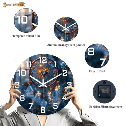 Bohemian Dreamcatcher with Feathers Wall Clock, Bedroom Living Room Decor, Silent Quartz Movement Artistic Timepiece