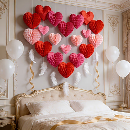 10 pcs Valentine's Day heart-shaped paper felt balls, party hanging ornaments, - red and pink honeycomb balls, wedding, birthday