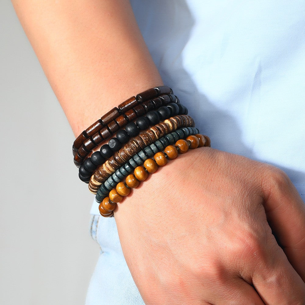 Conjunto de 4 Pulseiras Masculinas Trançadas de Couro com Fecho, Vintage Árvore da Vida Leme, Miçangas de Madeira, Étnicas Tribais, Bracelete de Corda