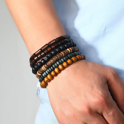 Conjunto de 4 Pulseiras Masculinas Trançadas de Couro com Fecho, Vintage Árvore da Vida Leme, Miçangas de Madeira, Étnicas Tribais, Bracelete de Corda