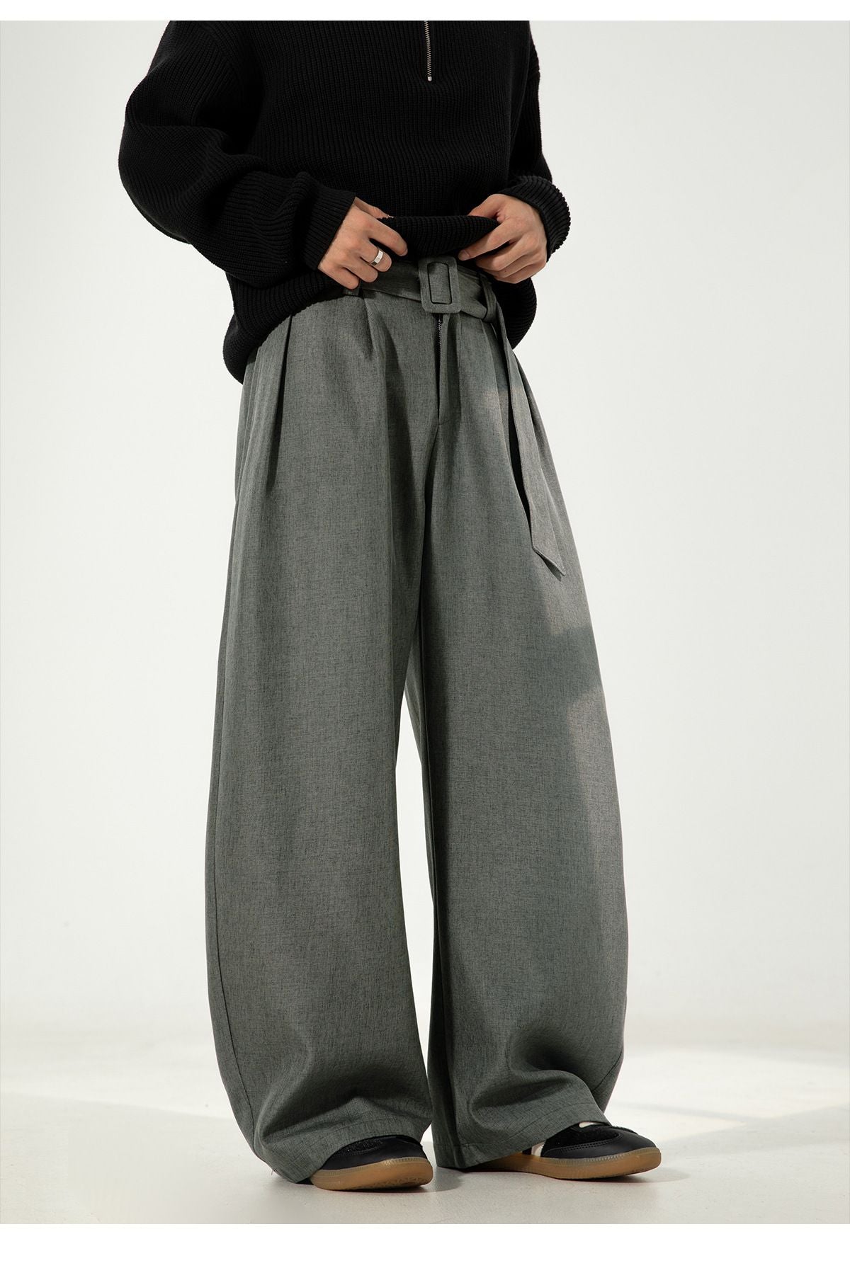 Men's Pleated Drape Curved-Leg Trousers Loose-Fit Straight-Leg Pants Retro-Style Belted Casual Pants