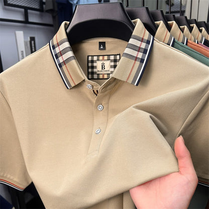 Luxury brand short sleeve polo shirt men's summer new silk cotton breathable fashion top casual business plaid lapel T-shirt