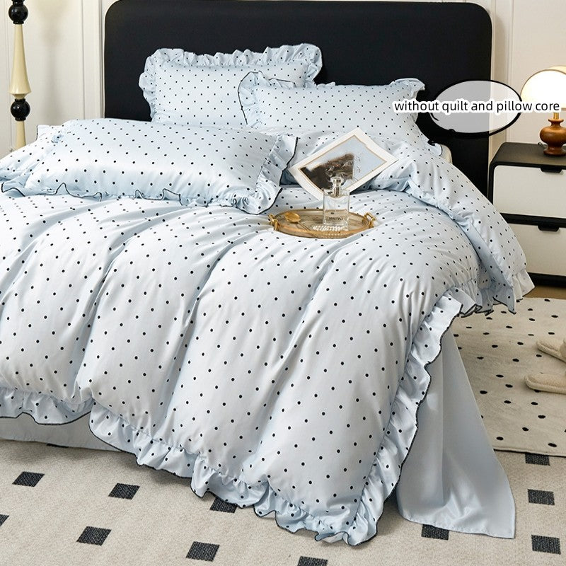 Conjunto de capa de edredom coreana de renda 3 peças (1*Capa de Edredom + 2*Fronhas, Sem enchimento), Conjunto de cama com estampa de bolinhas pretas