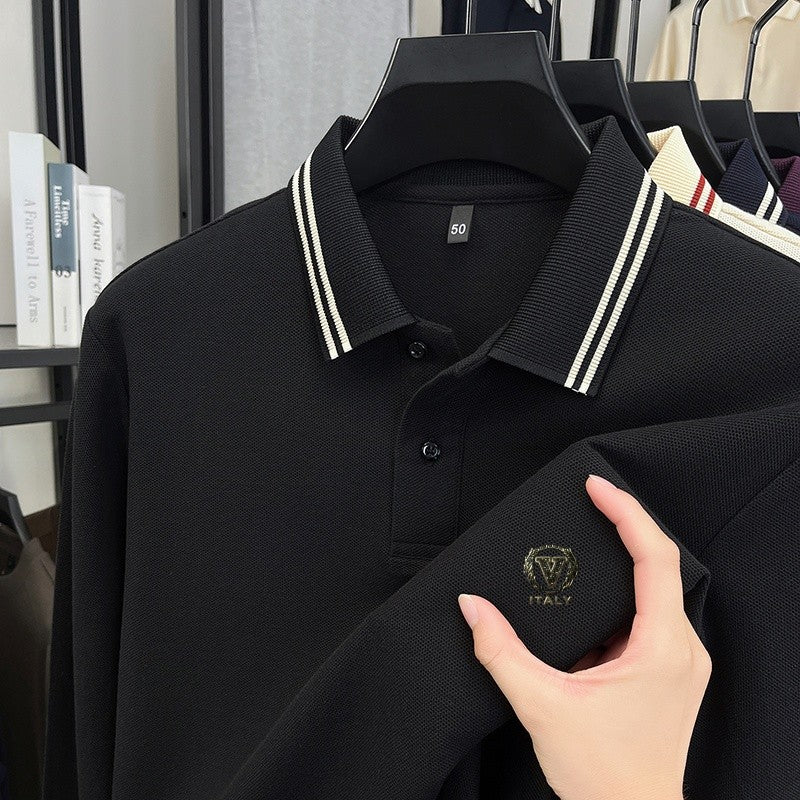 100Cotton Luxury Quality Men's Polo Shirt Striped Collar Breathable V-Print Long Sleeve Autumn Lapel T-Shirt Business Menswear