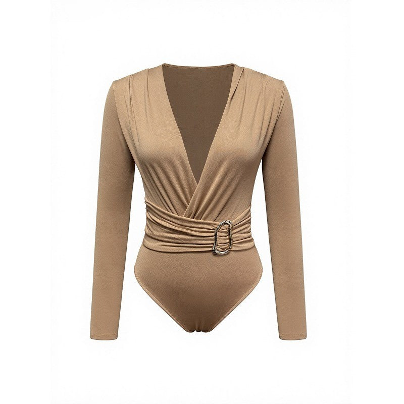 2025 Spring Autumn Deep V Neck Long Sleeve Bodysuits Women Fashion Solid Slim Fit Pleated T-Shirt Casual Female Jummsuits Tops