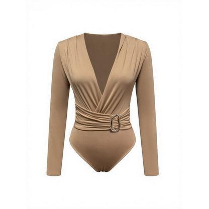 2025 Spring Autumn Deep V Neck Long Sleeve Bodysuits Women Fashion Solid Slim Fit Pleated T-Shirt Casual Female Jummsuits Tops