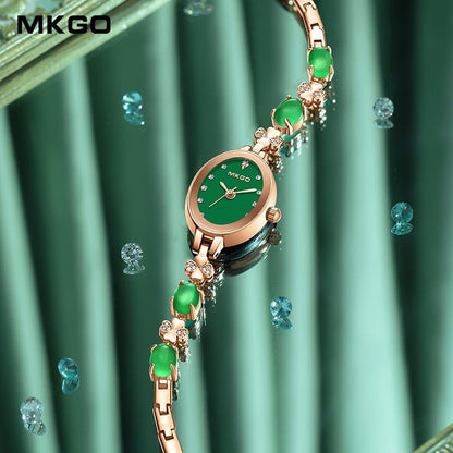 MKGO Women's Fashion Bracelet Watch Luxury Quartz Ladies Watch 30M Waterproof Premium Exquisite Emerald Crystal Female Watches