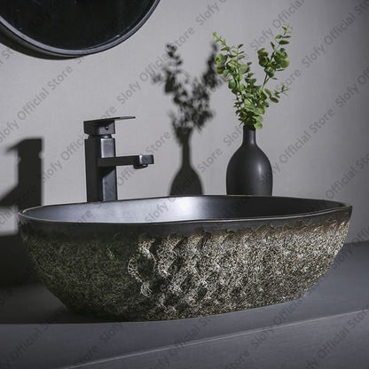Vintage Style Ceramic Washbasin Black Artistic Hotel Family Bathroom Sink Basins Large Oval Balcony Garden Outdoor Washing Basin