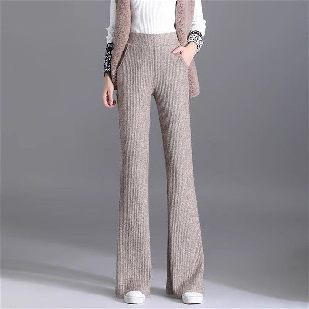 Women's Wool Blend Flare Pants Autumn Bootcut Pants Elastic Waist Petite Regular Long Tall Girl Dress Pants Thick Offical Casual
