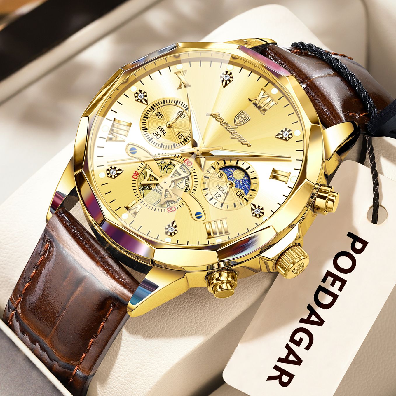 POEDAGAR Relógio de Pulso Militar de Luxo Masculino Quartzo Impermeável Luminoso Cronógrafo Couro Masculino Relógio Esportivo Masculino Relógio Masculino