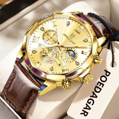 POEDAGAR Relógio de Pulso Militar de Luxo Masculino Quartzo Impermeável Luminoso Cronógrafo Couro Masculino Relógio Esportivo Masculino Relógio Masculino