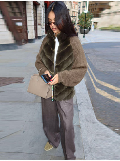 Vintage Faux Fur patchwork Jacket For Women Fashion Design Sense Long Sleeves Casual Coat 2025 Autumn Winter Female Streetwear