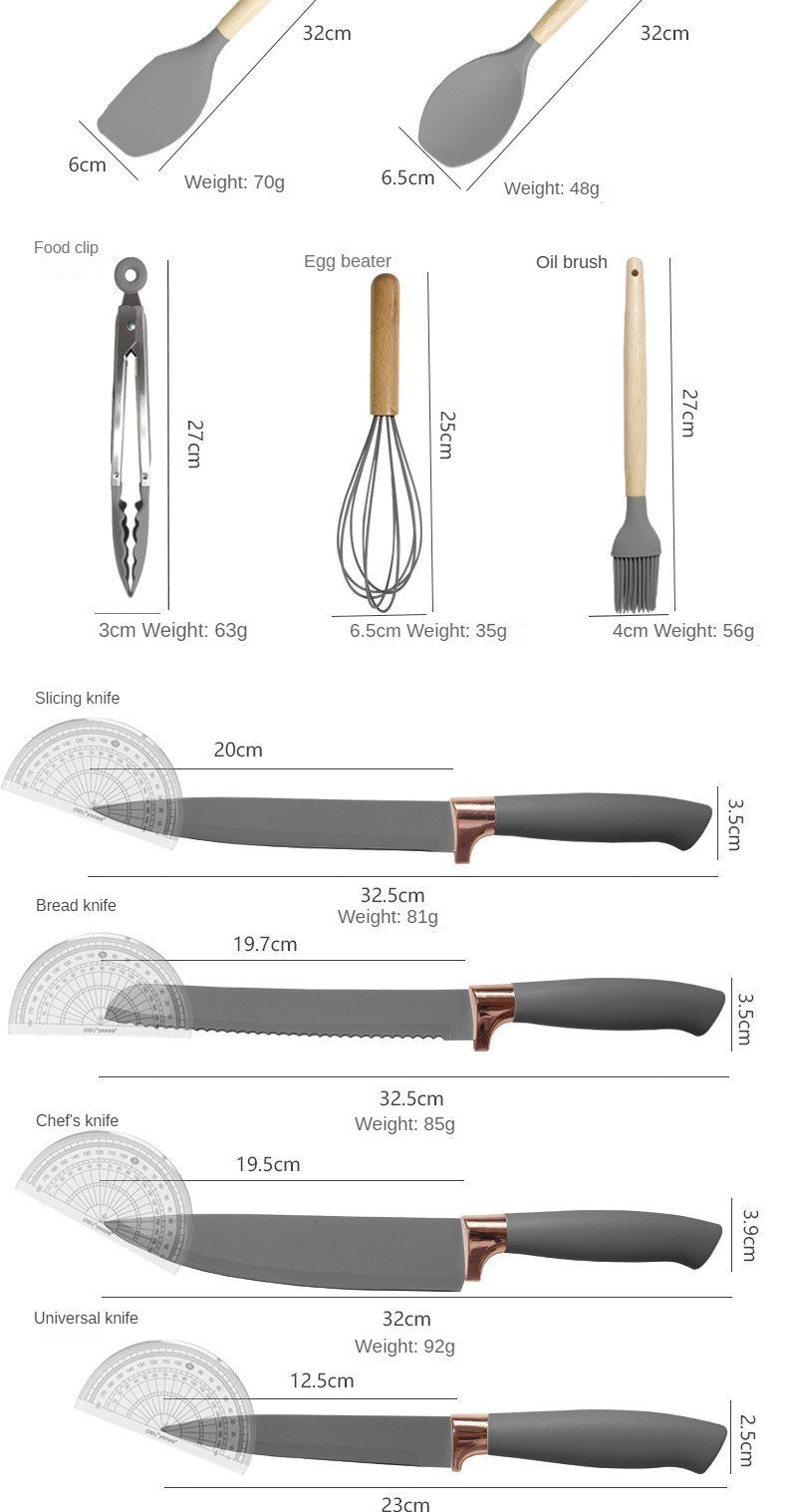 Conjunto de utensílios de cozinha de silicone, 19 peças com cabo de madeira, espátula, panela antiaderente e balde de armazenamento de facas multiuso integrado