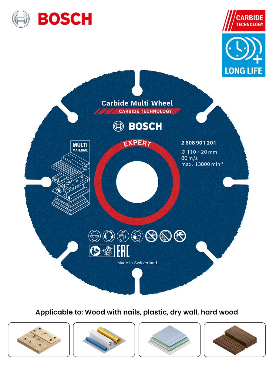 Disco de Corte Multimaterial Bosch Expert 110mm de Carbide para Madeira, Plástico, Drywall, Madeiras Duras - Acessórios para Esmerilhadeira Angular