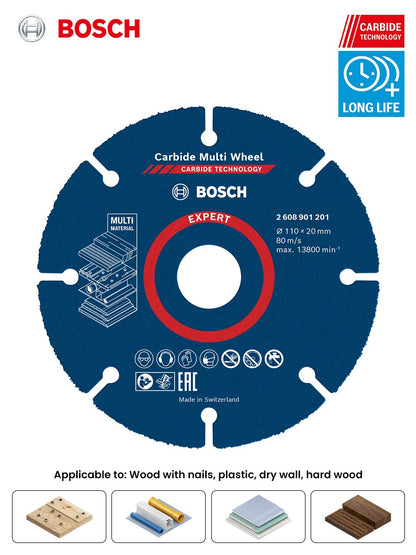 Disco de Corte Multimaterial Bosch Expert 110mm de Carbide para Madeira, Plástico, Drywall, Madeiras Duras - Acessórios para Esmerilhadeira Angular