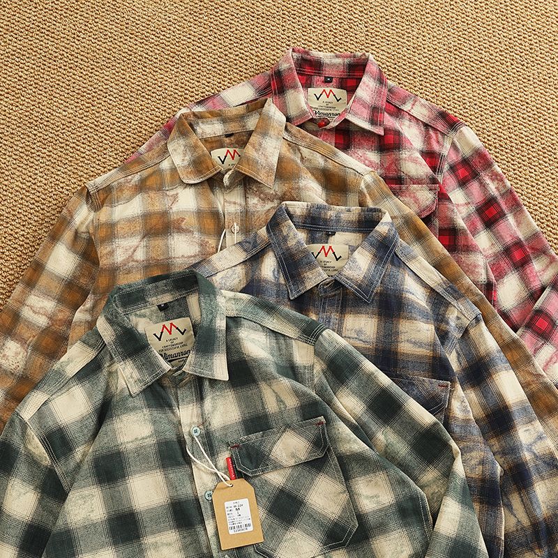 Autumn New Japanese Retro Long-Sleeve Lapel Plaid Cargo Shirt Men's Simple 100% Cotton Washed Pocket Casual Blouses Thin Coat