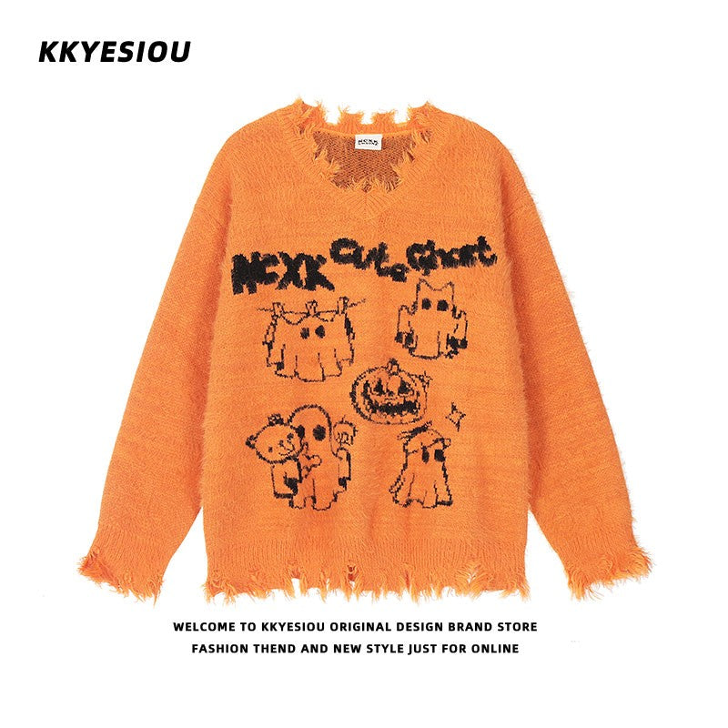 KKyesiou Dopane Orange Knitted Sweater loween Design Men Women Retro American Sle Couple's Long Sve Casual Loose Fit
