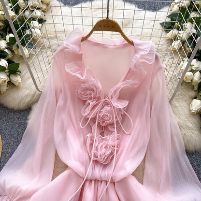 SINGREINY 3D Floral Beach Short Dress Female Long Sleeves Lace Up Ruffle Chiffon