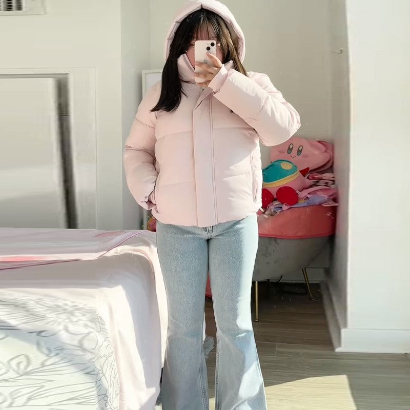 Pink Women's Jacket With Hat Zipper Pockets Inner Faux Fur Solid Female Jackets 2025 Autumn Winter Fashion Chic Lady Outwears