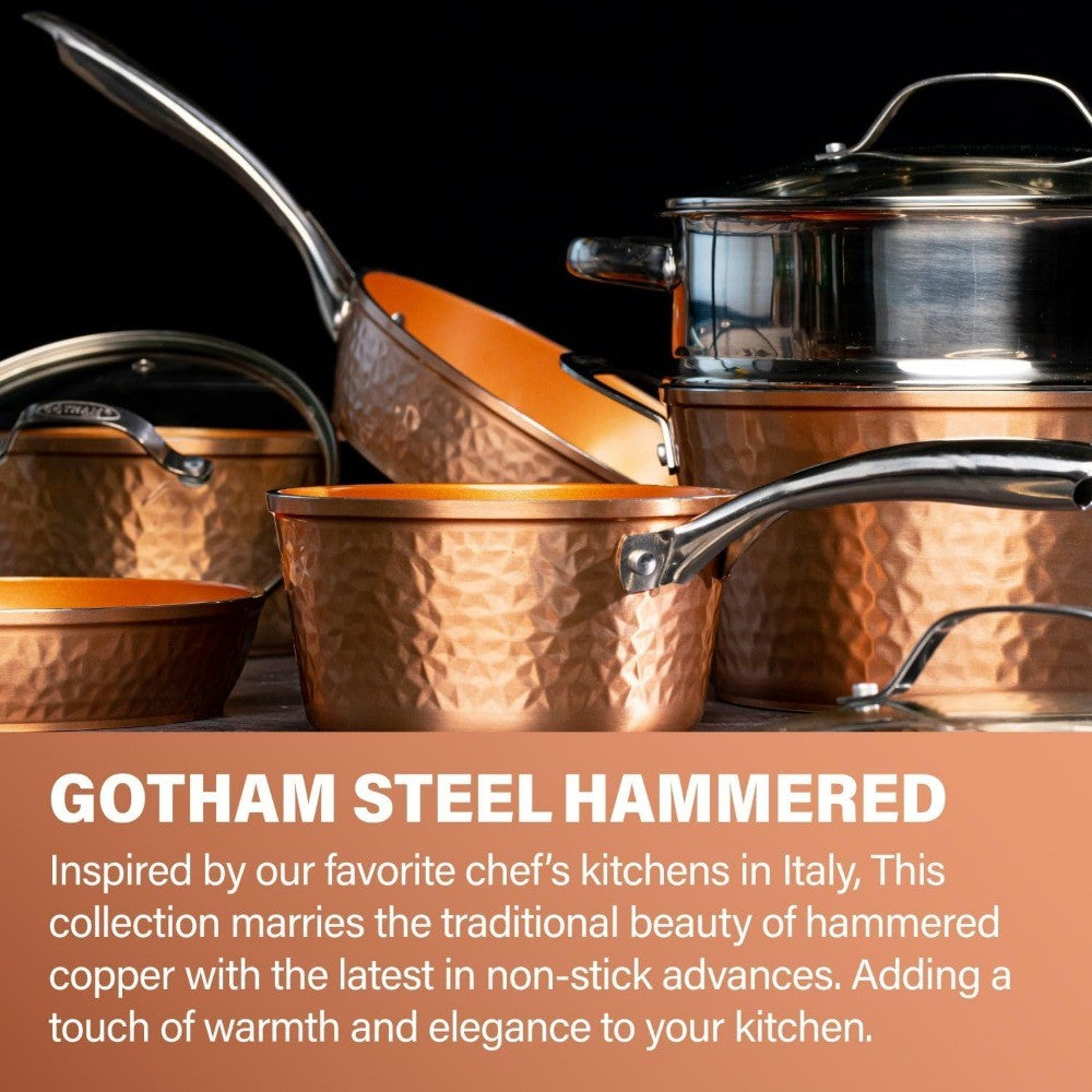 Conjunto de Utensílios de Cozinha de 15 Peças Gotham Steel Cerâmica Antiaderente Martelado com Panelas Fundas, Frigideiras, Assadeiras e Panela para Fritura Funda de Cobre