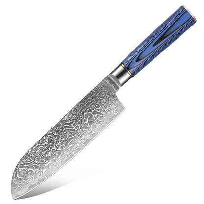 Conjunto de Facas de Cozinha 1-7 Peças, Aço Damasco Ultra Afiado para Chefe, Pão, Santoku, Desossar, Utilitárias, Lâmina com Padrão de Rosa Cabo G10 Azul