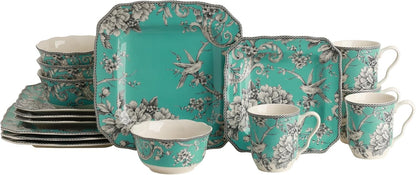 Adelaide 16-Piece Square Floral Dinnerware Set - Service for 4, Turquoise Porcelain Plate, Bowl & Mug Set, Chip Resistant, for E