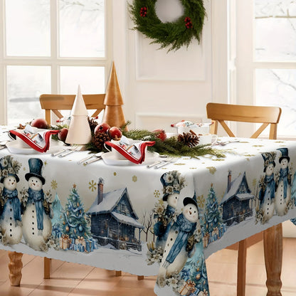 Christmas Snowman Golden Snowflake Rectangle Tablecloth Wedding Party Decor Xmas Tree Waterproof Tablecover Christmas Decoration