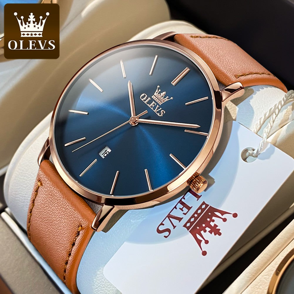 OLEVS 5869 Watch Man Casual Fashion Original Quartz Watch Waterproof Luminous Leather Strap Watches For Men Thin Watch Dial