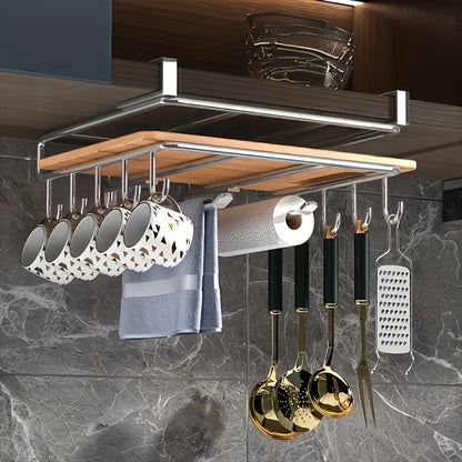 1PÇ Suporte de Cozinha de Aço Inoxidável Suspenso com Ganchos, Porta-Papel Toalha e Utensílios, Prateleira para Tábua de Corte