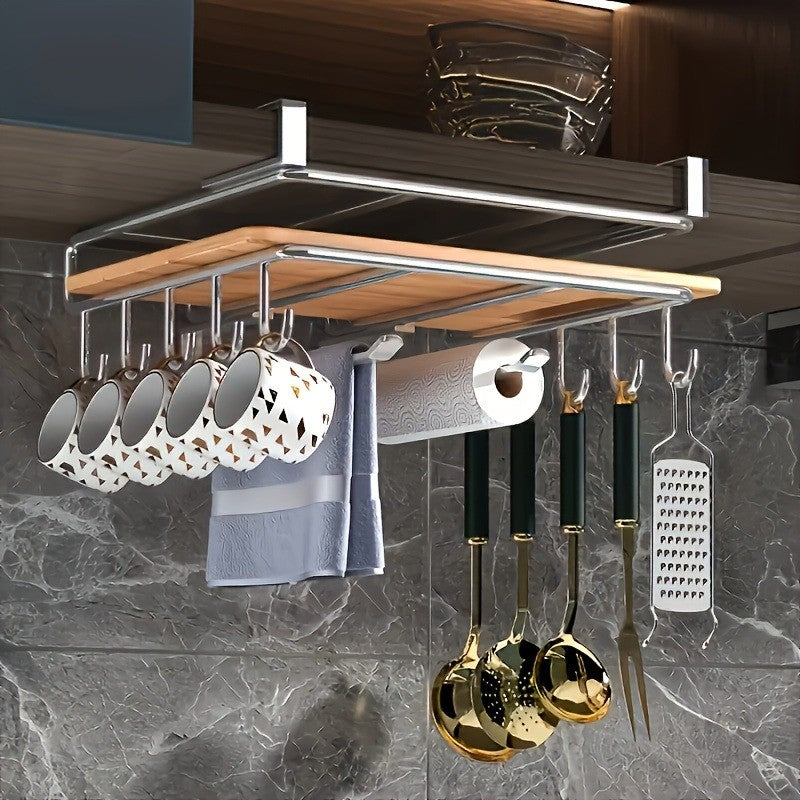 1PÇ Suporte de Cozinha de Aço Inoxidável Suspenso com Ganchos, Porta-Papel Toalha e Utensílios, Prateleira para Tábua de Corte