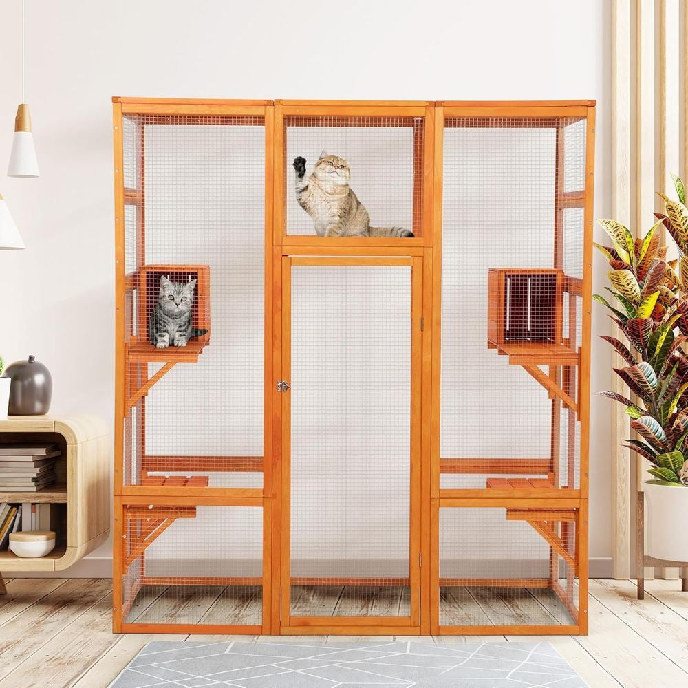 Orange Large Indoor Cat Condo with Perch, Play Area, 7 Platforms, 2 Boxes, Waterproof Roof, Safety Lock, 62.4L x 32.4W x 70H