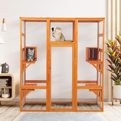 Orange Large Indoor Cat Condo with Perch, Play Area, 7 Platforms, 2 Boxes, Waterproof Roof, Safety Lock, 62.4L x 32.4W x 70H