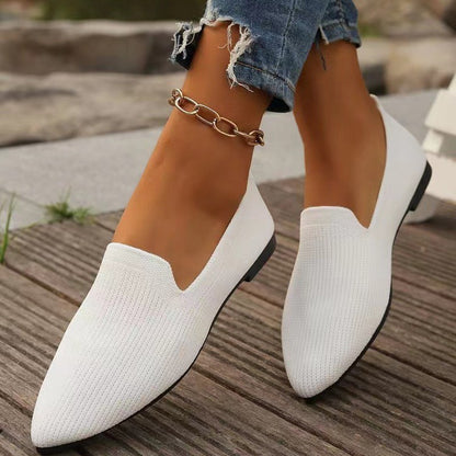 New Women's Solid-Color Pointed-Toe Mesh Loafers Low-Cut Women's Shoes Soft-Sole Knit Ballet Flats Casual Slip-On Boat Shoes