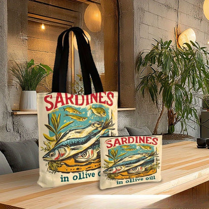 Sardine in Olive Oil Art Tote Bag, Beach Bag with Makeup Bag Multi-functional Shopping Bag, Shoulder Bag, Travel Toiletry Bag
