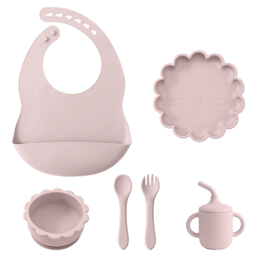 Color Kids Baby Feeding Set Solid Color Utensils Waterproof Bib Cartoon Lion Shape Sucker Dishes Plate Feeding Bowl Spoon Cup